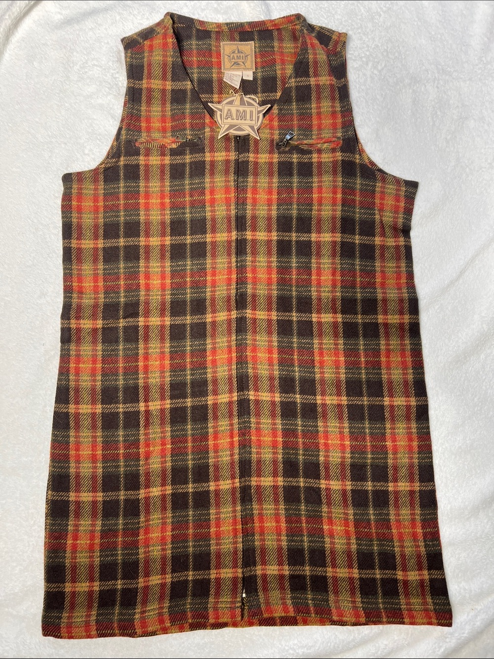 Ami Sleeveless Plaid Zip Dress in Brown, Red & Yellow S